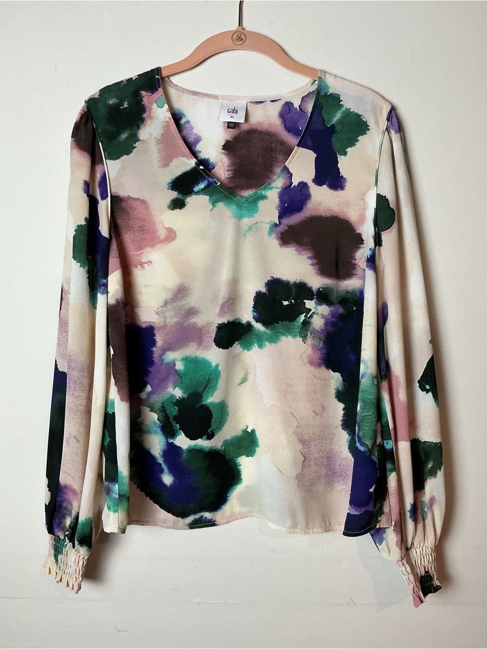 CAbi Mystic Blouse Watercolor Abstract Floral Smocked Long Sleeve Size XS